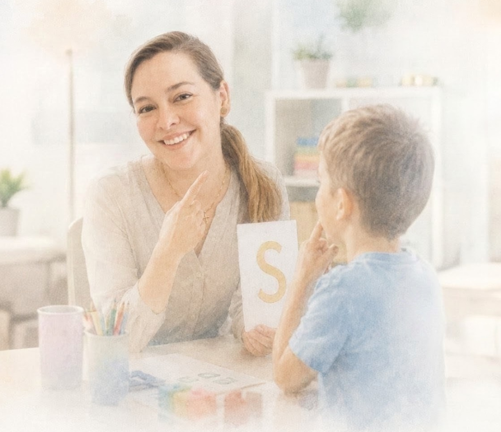 Adriana Hernandez Peroni, speech-language pathologist, working with a young child in a therapy session